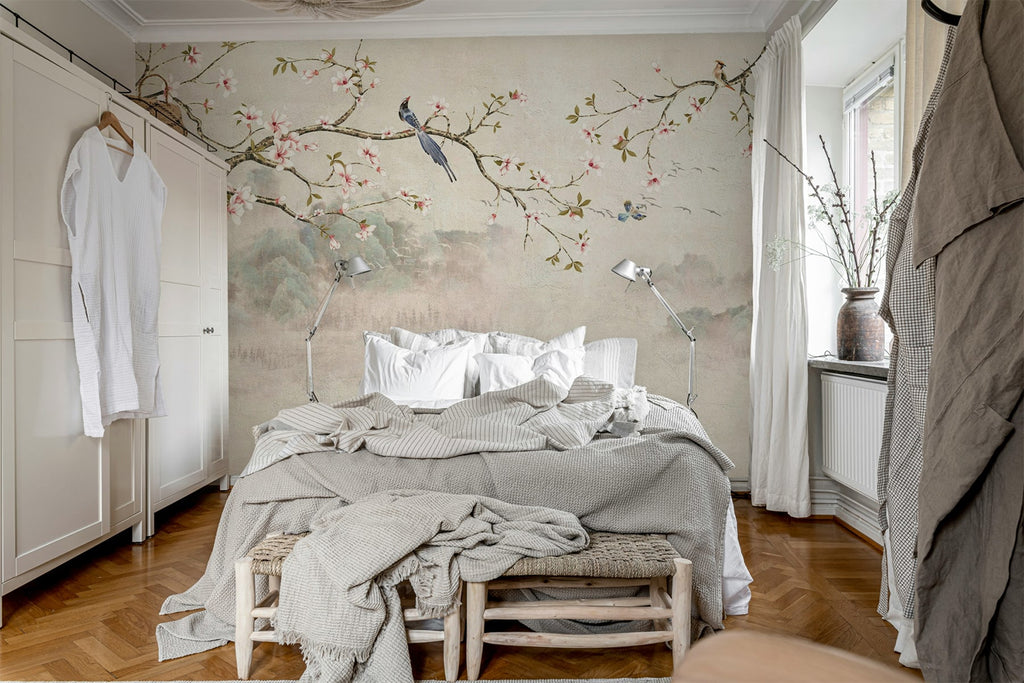 Bird Tree, Pastel Mural Wallpaper featured in a bedroom