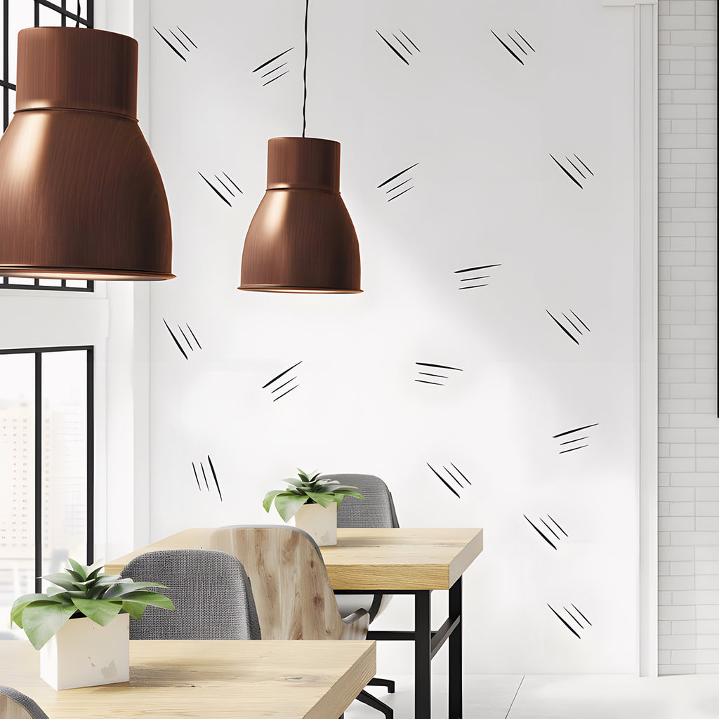 Modern minimalist dining area with natural light, wooden table, bench-style seating, and copper pendant lights. White walls adorned with Boho Thin Lines, Wall Decals enhance the space.