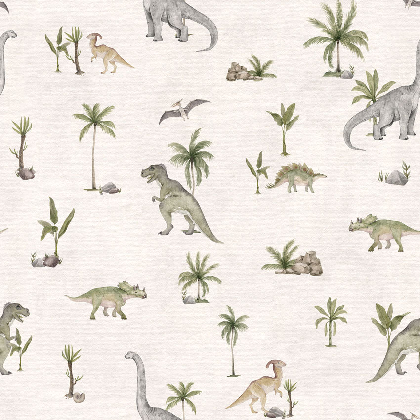 Dashing Dino, Pattern Wallpaper in White closeup