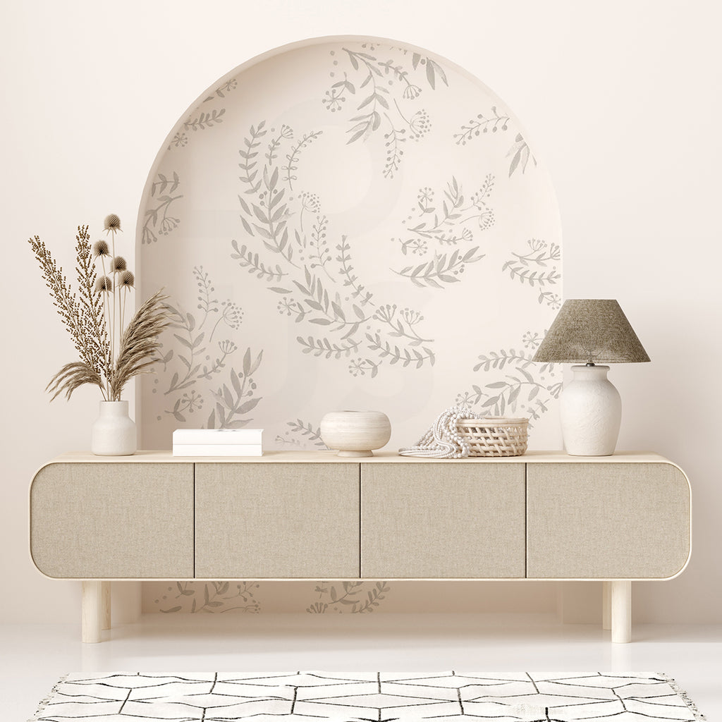 Flower Fields, Floral Patten Wallpaper  in Grey adorning a room’s wall, featuring a monochrome display of grey foliage designs on an off-white backdrop, enhancing the serene and minimalist interior.