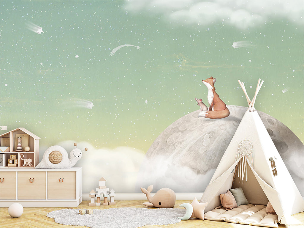 A spacious children’s room, filled with modern wooden furniture and playful elements like a teepee and plush toys. The room’s imaginative atmosphere is enhanced by the Fox on the Moon Mural Wallpaper in Green.