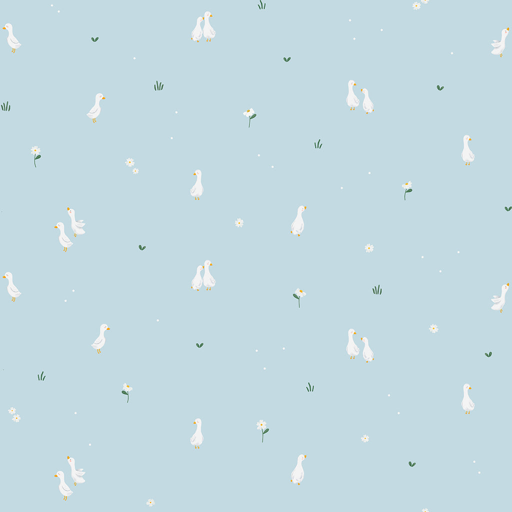 Graceful Geese, Animal Pattern Wallpaper in Blue closeup