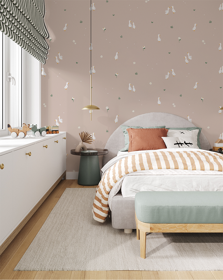 Bedroom with brown Graceful Geese wallpaper, gray bed, striped bedding, pendant lights, wooden accents, and playful decor.