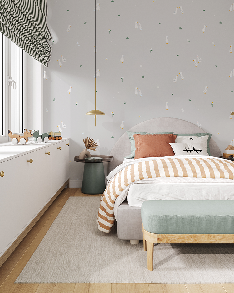 Bedroom with grey Graceful Geese wallpaper, gray bed, striped bedding, pendant lights, wooden accents, and playful decor.