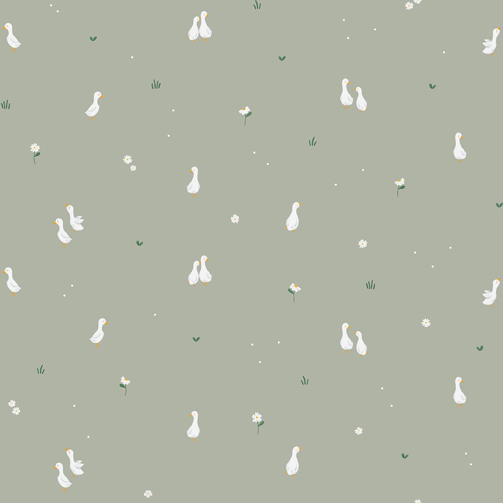 Graceful Geese, Animal Pattern Wallpaper in Green closeup