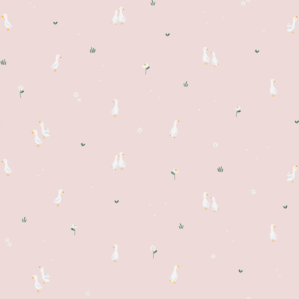 Graceful Geese, Animal Pattern Wallpaper in Pink closeup