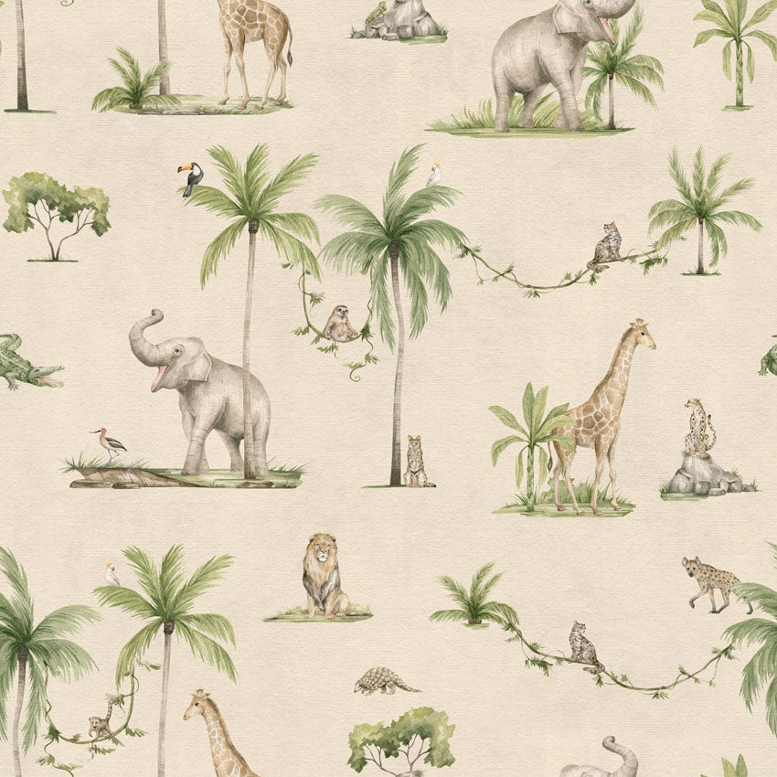 Joyful Jungle, Pattern Wallpaper in Sand close up