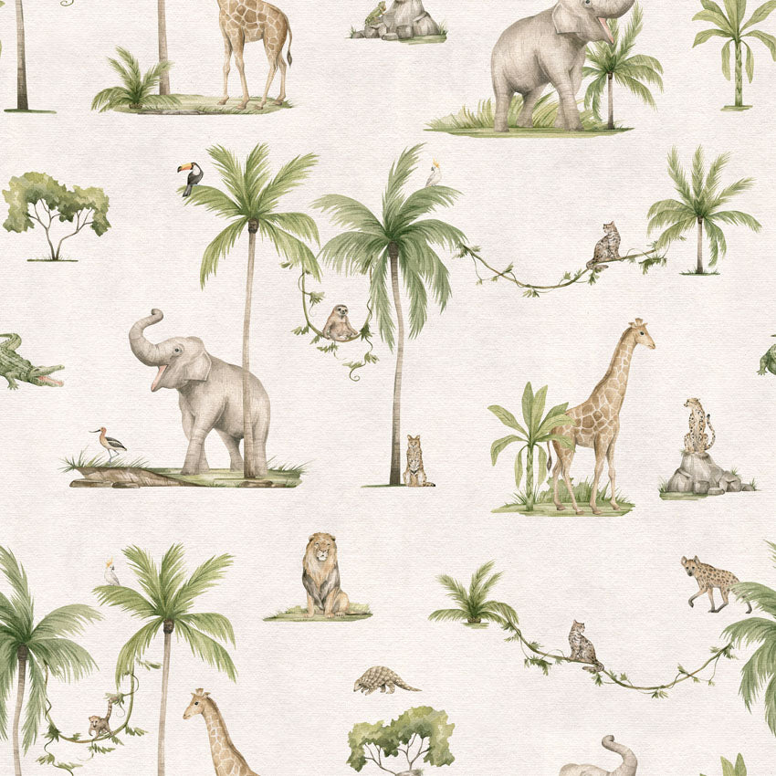 Joyful Jungle, Pattern Wallpaper in White close up