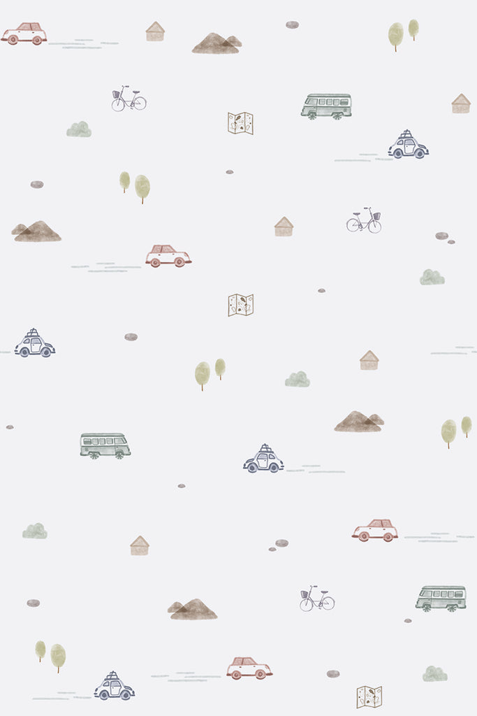 Mini Roadtrippers, Pattern Wallpaper in Grey close up