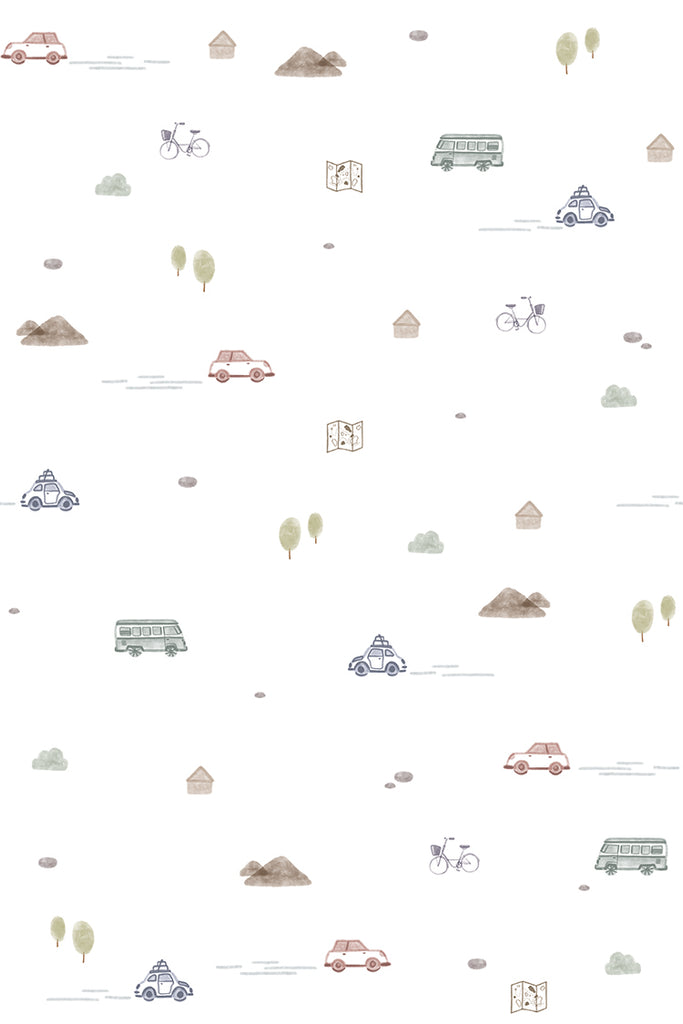 Mini Roadtrippers, Pattern Wallpaper in White close upMini Roadtrippers, Pattern Wallpaper in White close up