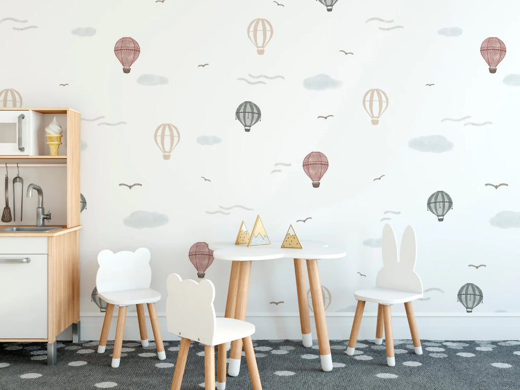 An enchanting room featuring Mini Whimsical Air, Pattern Wallpaper in White. The design, with hot air balloons and clouds in soft pastel hues, creates a playful and charming ambiance. Perfect for sparking imagination and joy.