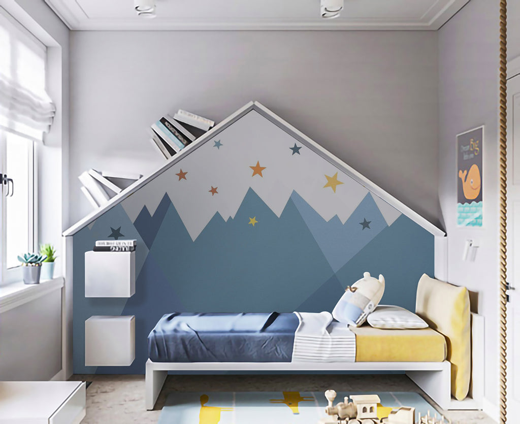 Child’s bedroom with Mountain Ridges and Stars, Mural Wallpaper, depicting a whimsical starry sky over mountain ridges. Room features a cozy bed, shelves, and toys, creating a warm, adventurous atmosphere.