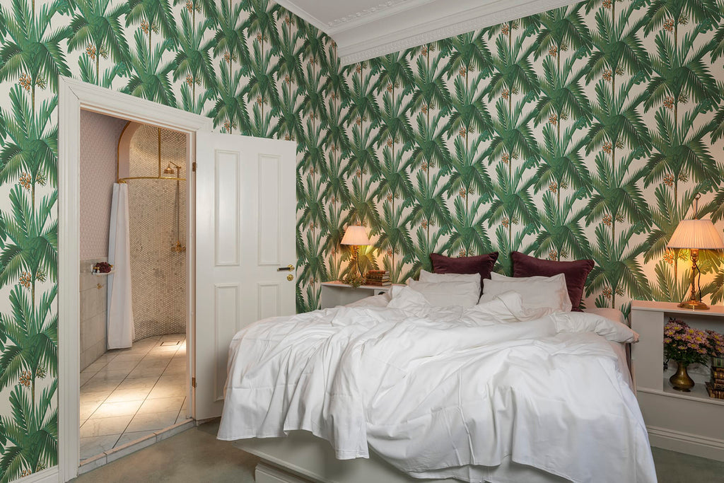 Palm Spring, Tropical Pattern Wallpaper featured in a bedroom. 