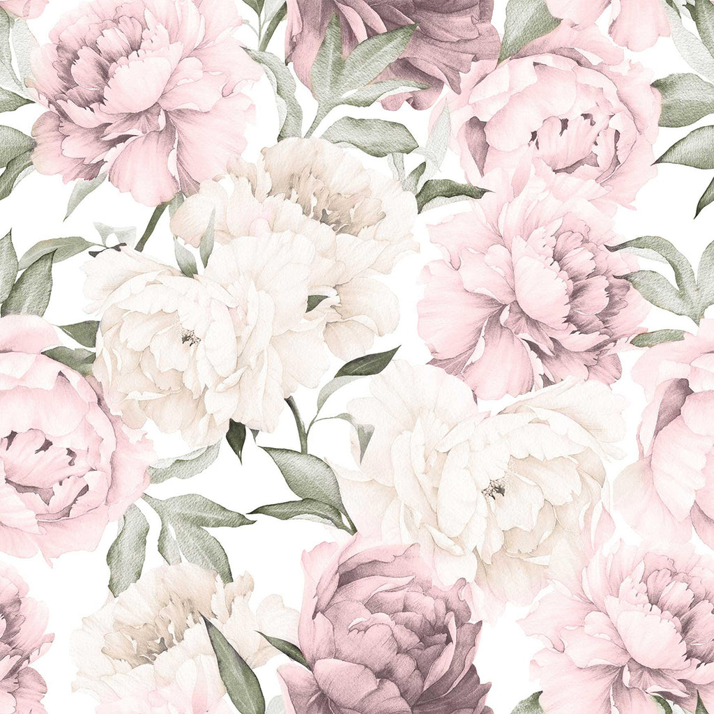 Peonies Garden, Floral Pattern Wallpaper in Powder close up