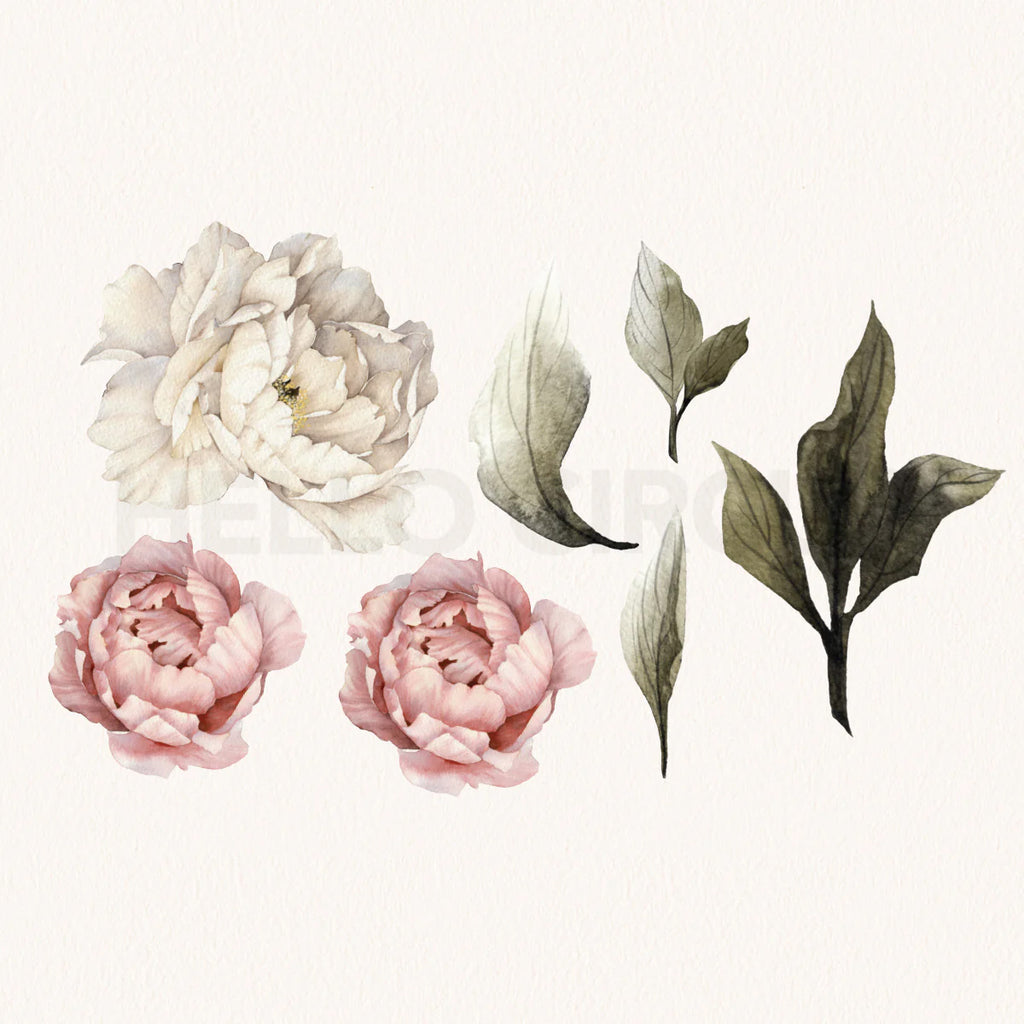 Peonies Pack, Floral Wall Decals in Blush and White Full design with leaves close up