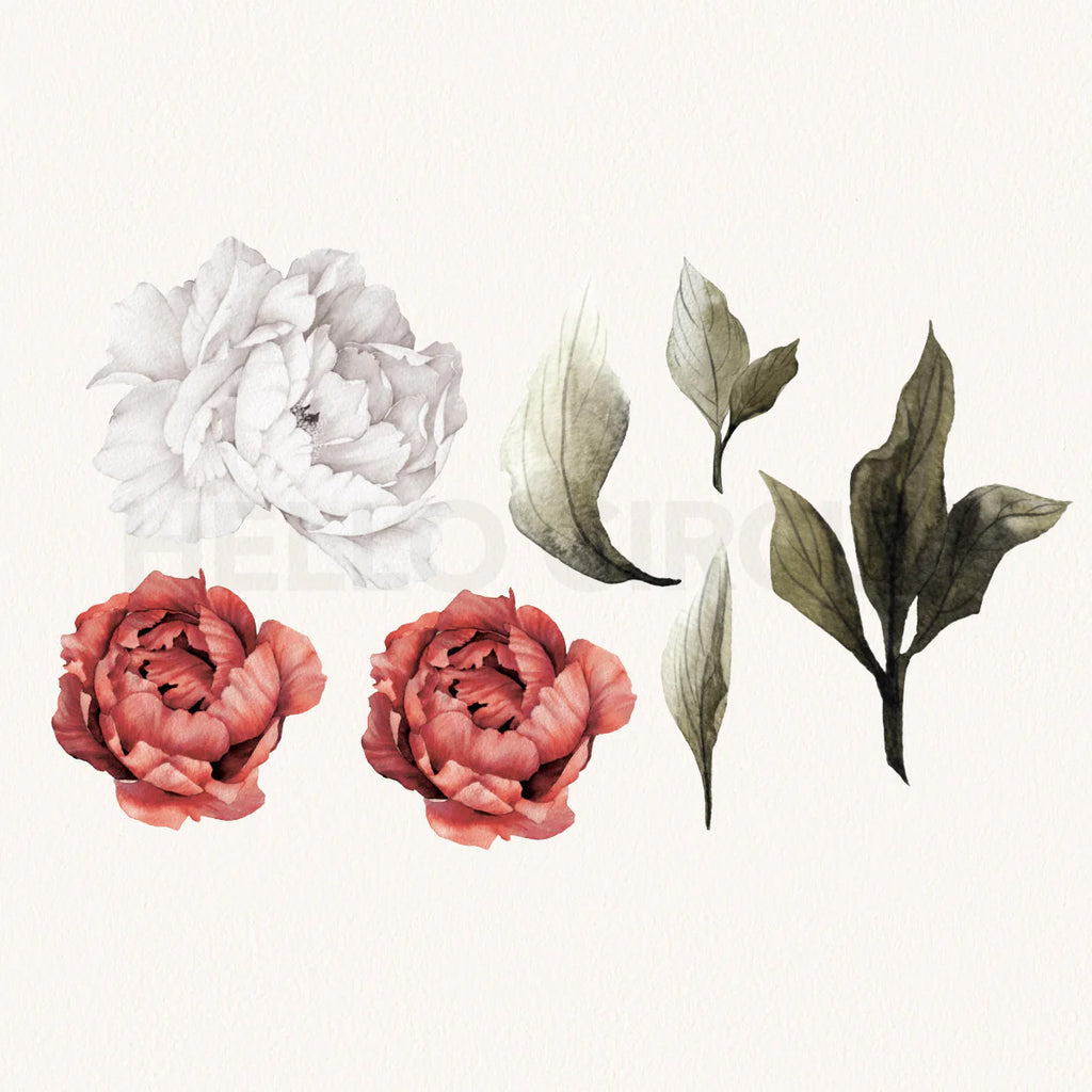 Peonies Pack, Floral Wall Decals in Crimson and White Full design with leaves close up