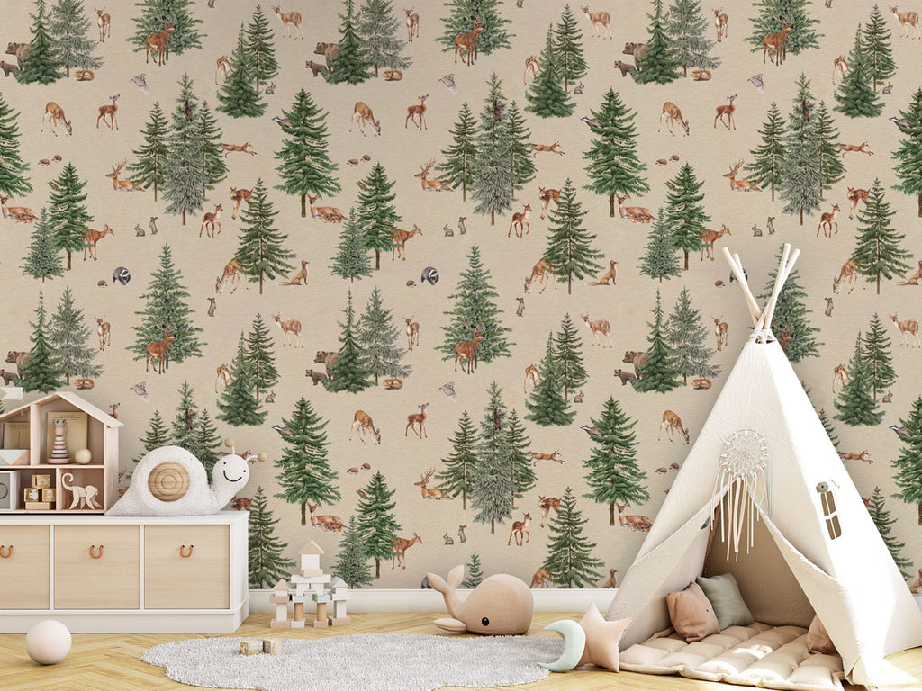 Pine forest, Pattern Wallpaper in sand, the children's room includes a wooden storage unit with drawers and leather handles, topped with decorative items like a wooden house and a stuffed snail toy. There is also a white teepee tent with a cushioned mat and a dreamcatcher hanging at the entrance, various toys like a wooden stacking toy and a star-shaped cushion, and a round, light-colored rug on the floor.