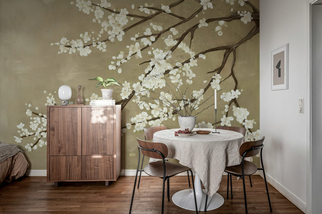 Sakura Branch, Beige Mural Wallpaper fetured in a dining area