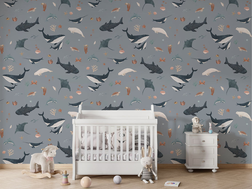 Nursery with Splendid Sea blue wallpaper, white crib, plush toys, and a soft pastel theme for a serene vibe.