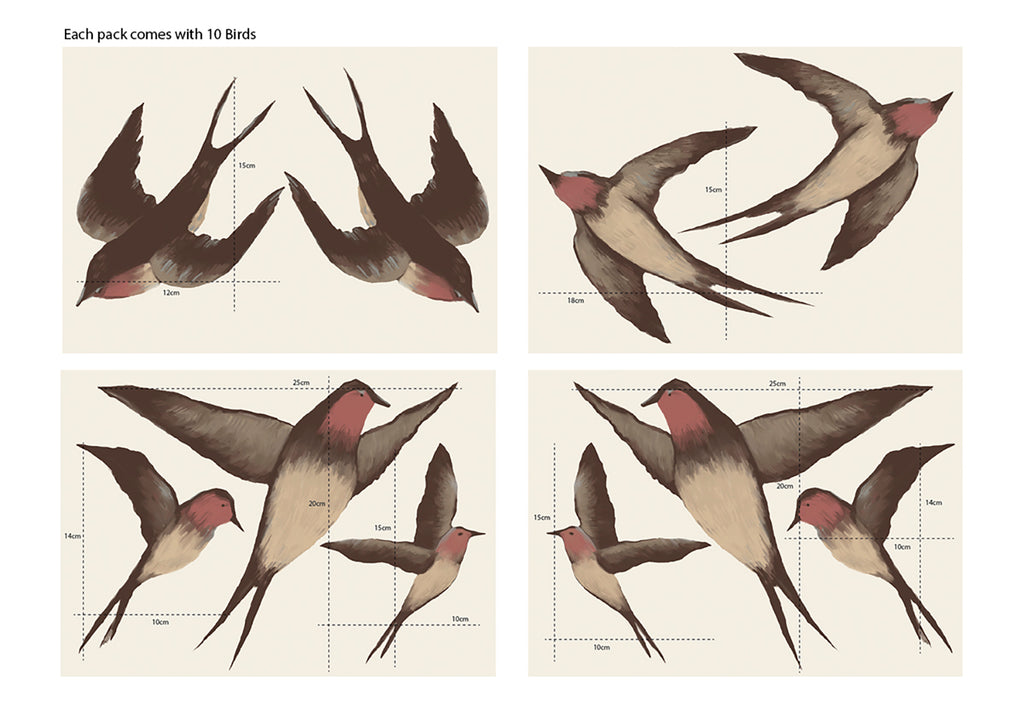 Swallows, Wall Decals Dimensions