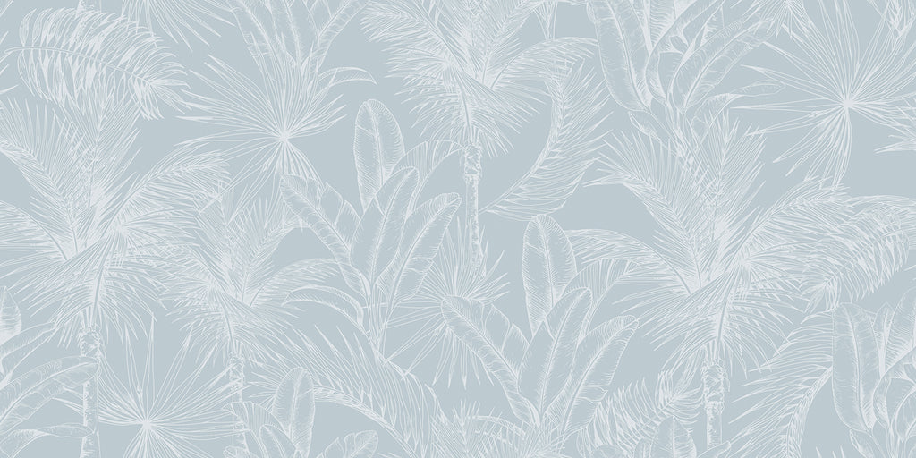 Tropics Botanical, Mural Wallpaper in White Blue close up