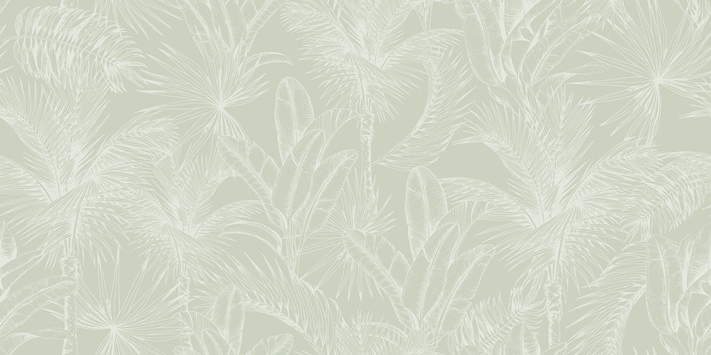 Tropics Botanical, Mural Wallpaper in White Green close up