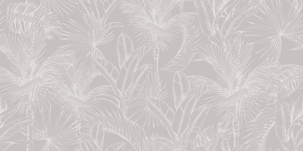 Tropics Botanical, Mural Wallpaper in White Light Grey close up