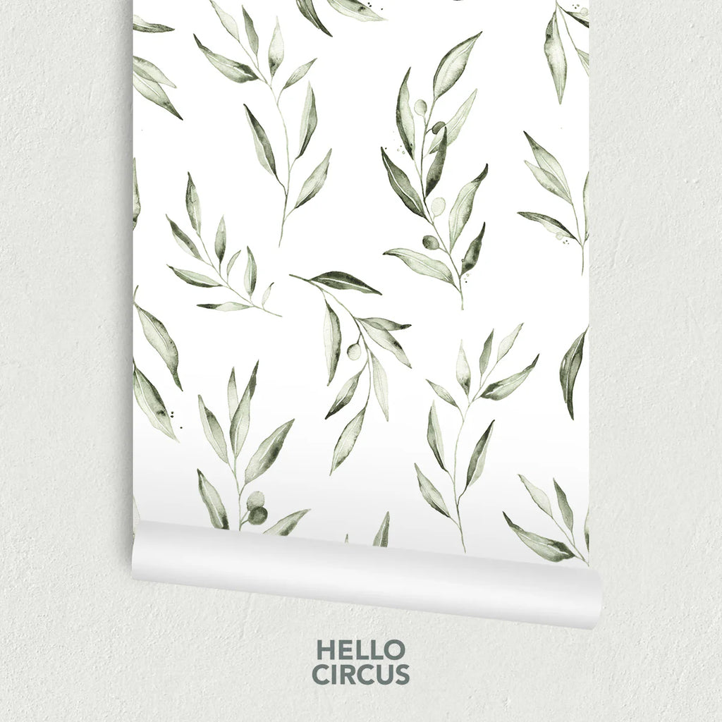 Watercolour Foliage by Olivia, Pattern Wallpaper in Green close up