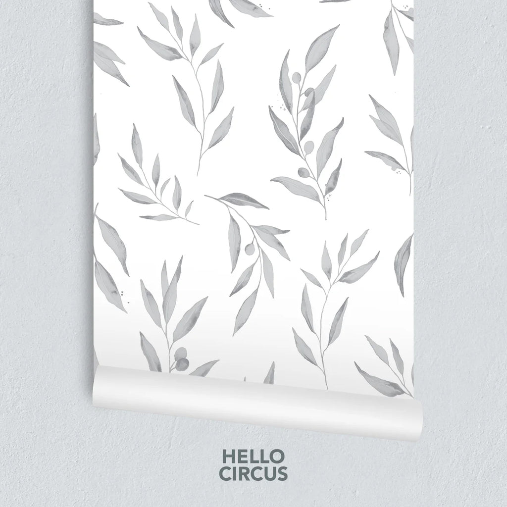 Watercolour Foliage by Olivia, Pattern Wallpaper in Grey close up