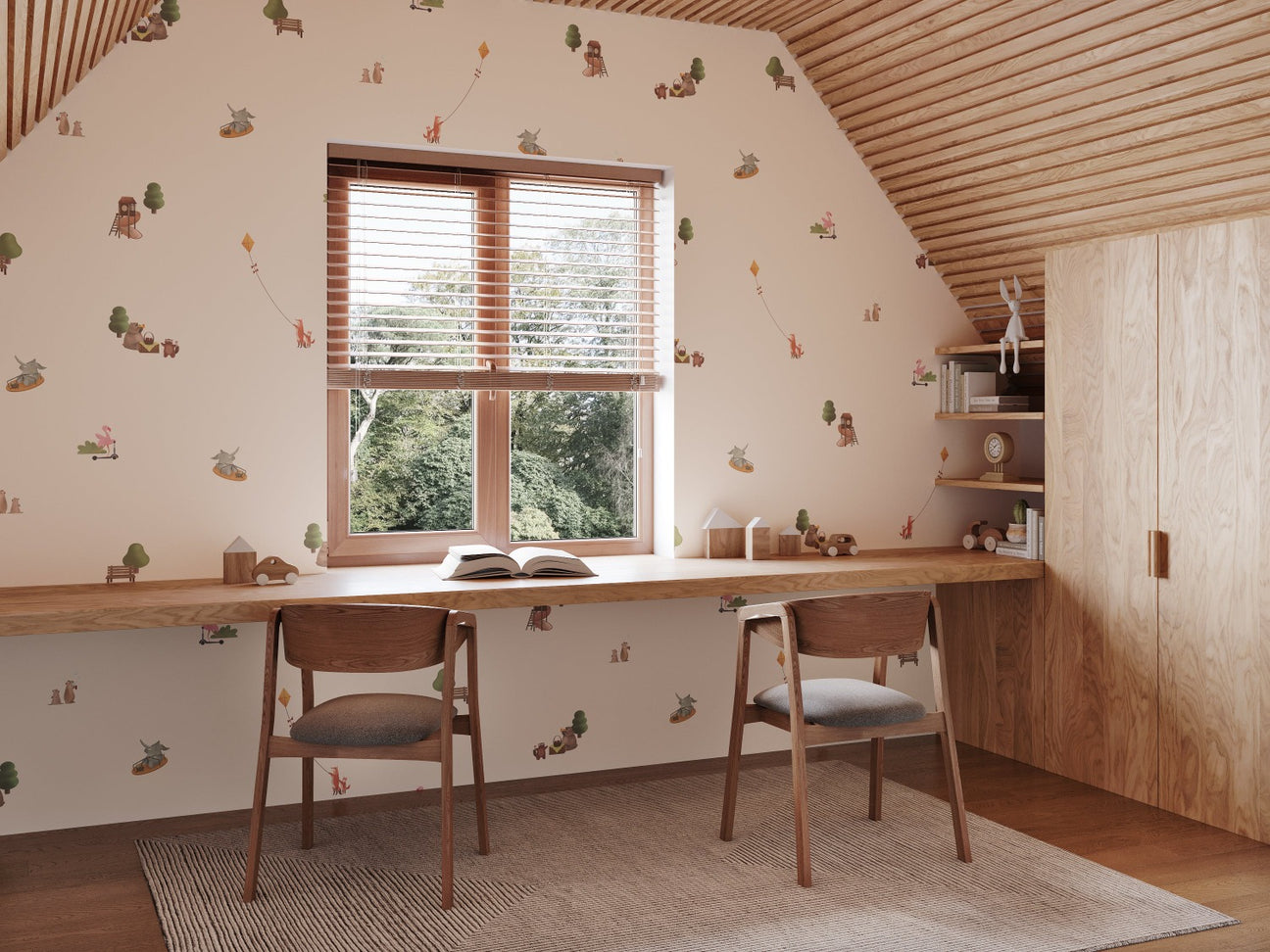 animal-playground-patterned-wallpaper in study room