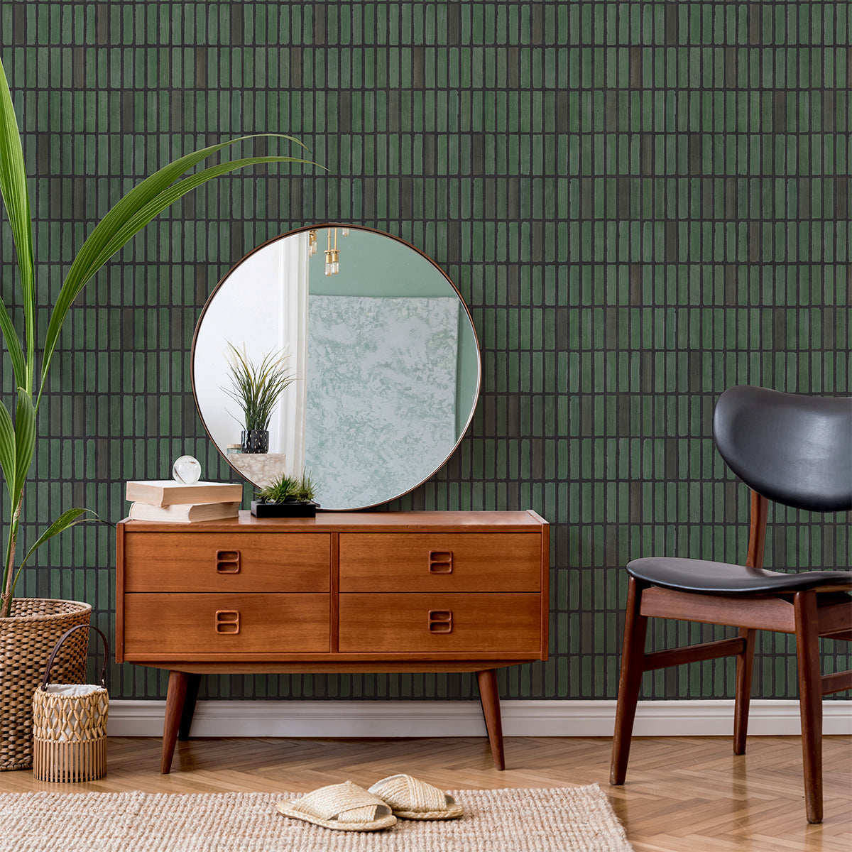 HC-Terra_Tessel_Pattern_Wallpaper-GREEN-Interior1.jpg Chromatic Brush Strokes, Pattern Wallpaper in Green, adorning a wall in a vanity room