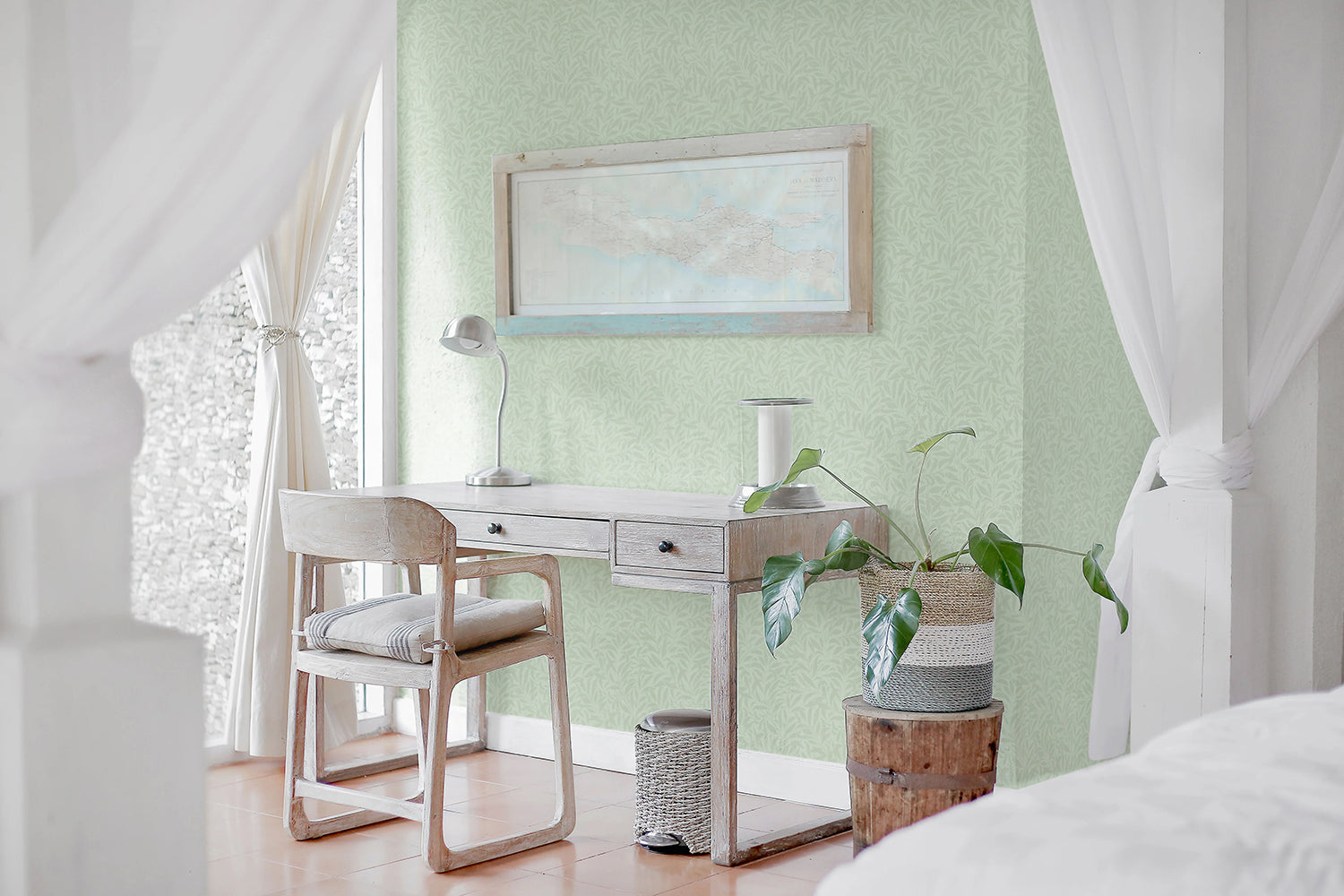 Rippling Leaves, Pattern Wallpaper in bedroom with white table and cabinet