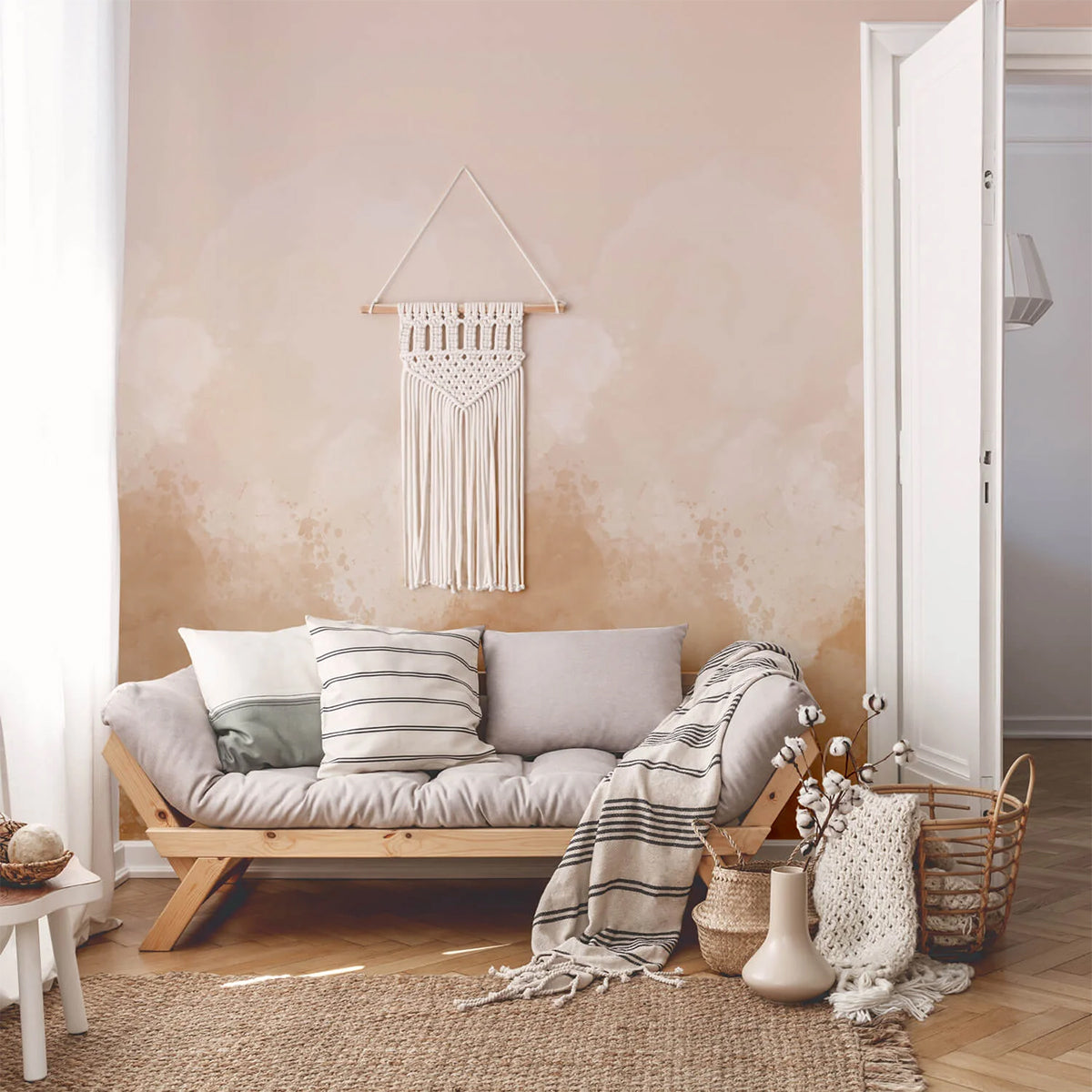 Watercolour Pastel, Ombre Mural Wallpaper featured in living area that matches the aesthethics.