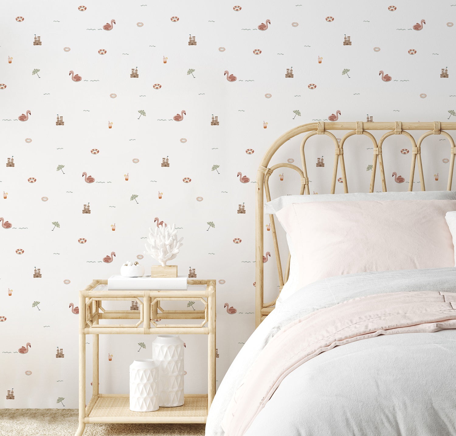 HC-Mini_Beach_Day_Pattern_Wallpaper-White-Interior1.jpg Mini Summer Beach Day, Wallpaper with white and light wood furniture