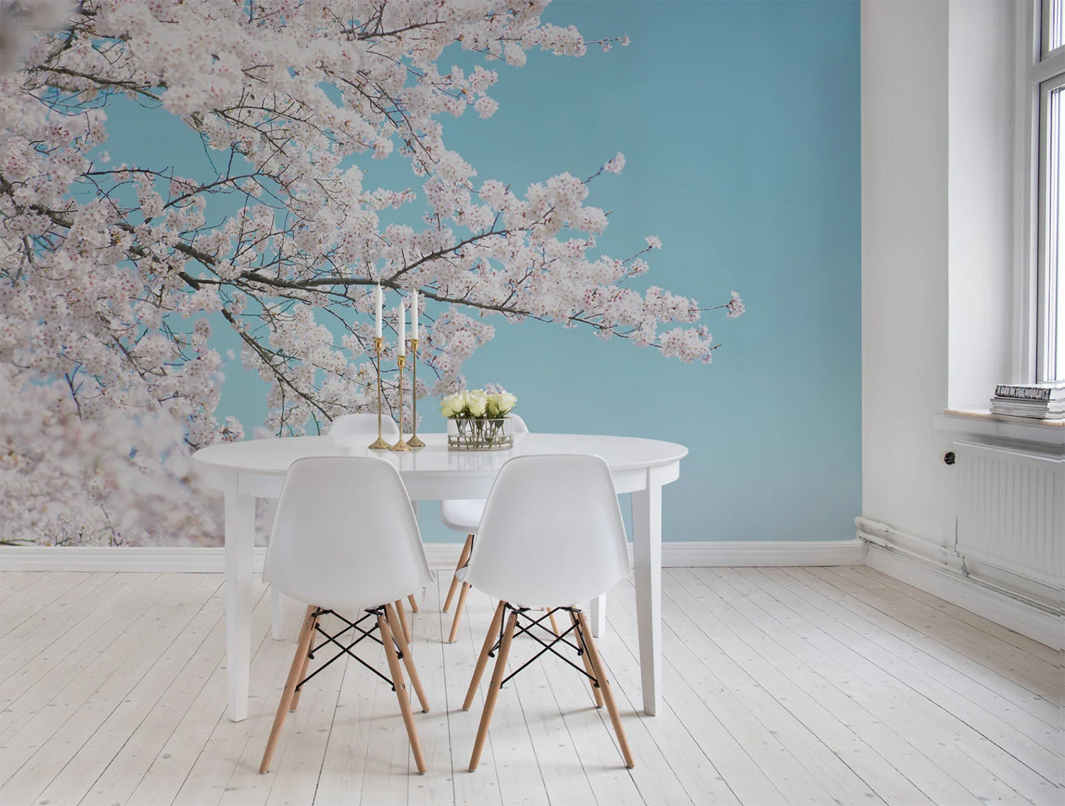 HC-Japanese_Cherry_Tree_Mural_Wallpaper-Interior1-15122023.jpg Japanese Cherry Tree, Mural Wallpaper in a cosy dining area with white furnished dining set.