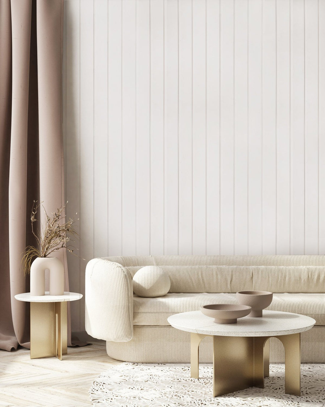 Shiplap wallpaper in white in living room