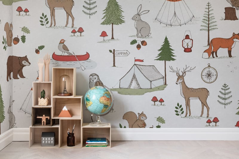 camping trip animal kingdom wallpaper in kids playroom
