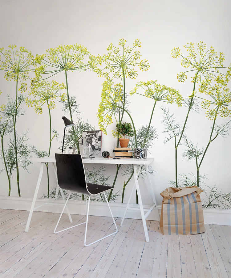 Bouquet in Pink, Floral Pattern Wallpaper featured on a wall of a study room with white table and black chair