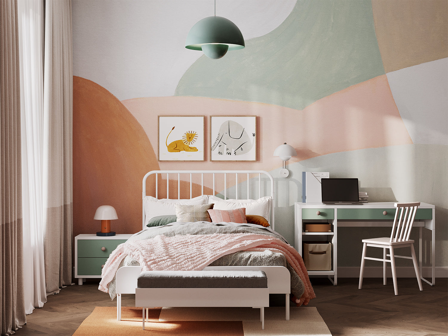 Artist Palette, Pattern Mural Wallpaper in fresh colourway featured on a wall of a bedroom