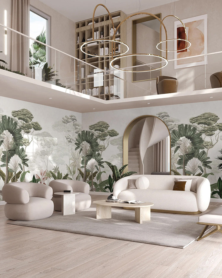 HC-Garden_Eden_Tropical_Mural_Wallpaper-White-Interior2.jpg summer garden eden wallpaper in a white and modern living room