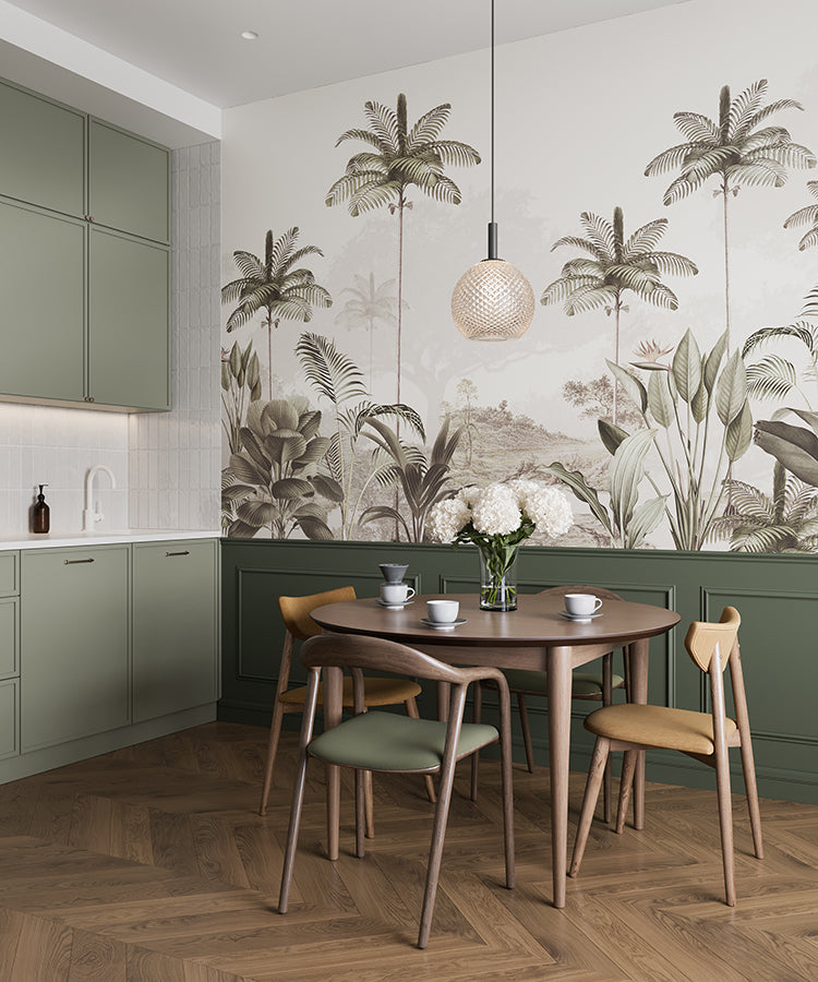 HC-Elegant_Rainforest_Tropical_Mural_Wallpaper-Sand-Interior2.jpg Elegant Rainforest, Mural Wallpaper in a living room in a dining room kitchen with dining table, stove and fridge