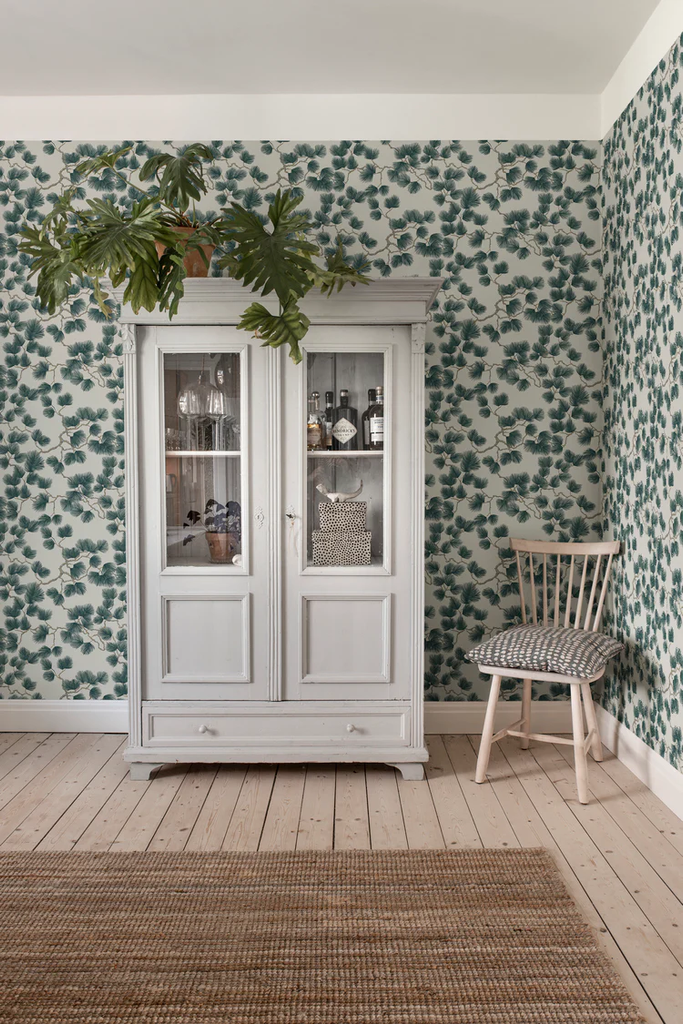 Pine, Pattern Wallpaper in Green in Kitchen