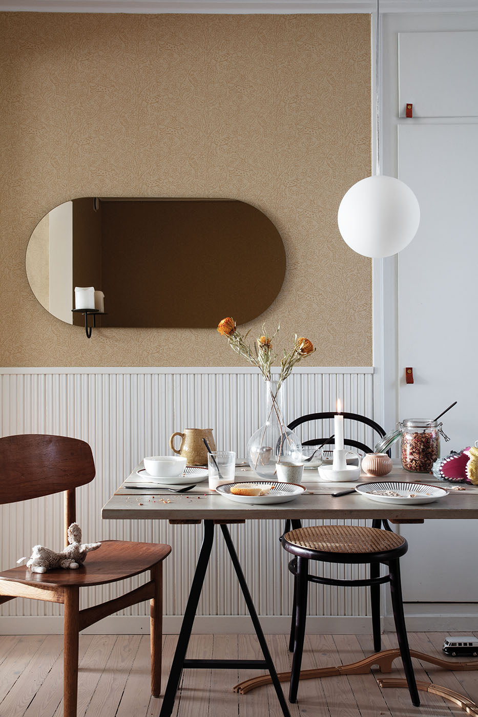 Eden and Friends, Pattern Wallpaper in dining room paired with wooden furnitures