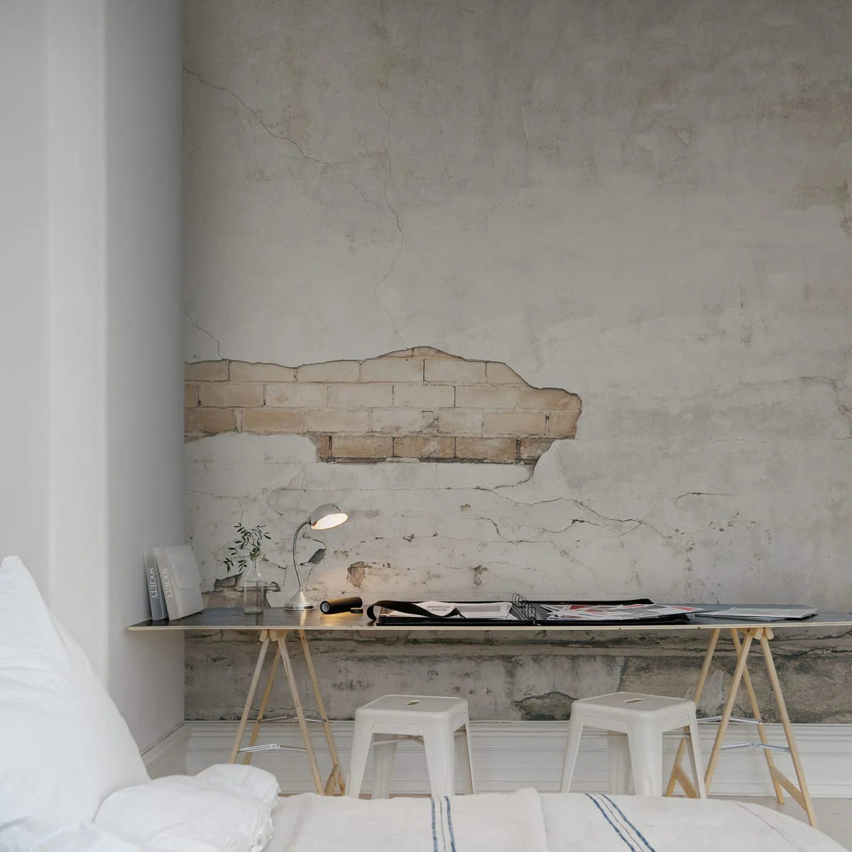 Frontage Brick, Faux Texture Wallpaper in bedroom styled in Mediterranean concept with white bedsheets