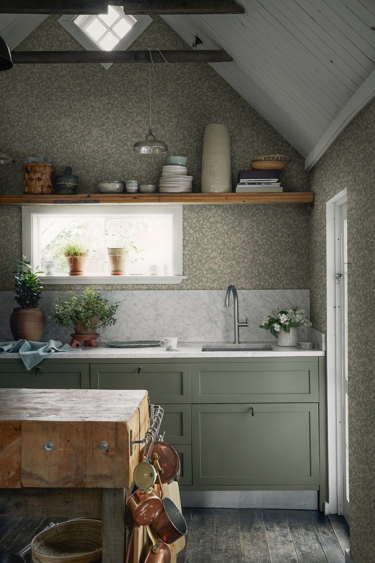 HC-Linnea_Floral_Pattern_Wallpaper-Green-Interior1-18122023.jpg clematis and honeysuckle Linnea, Floral Pattern Wallpaper for kitchen