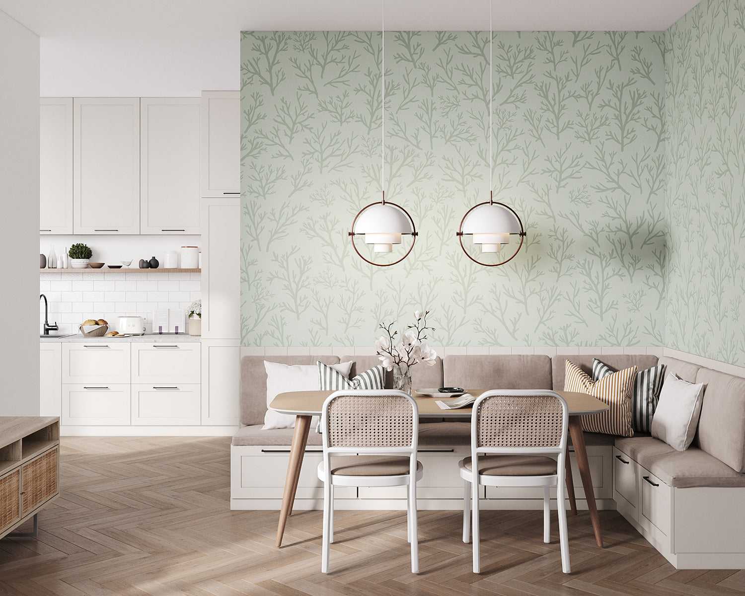 Saltwater Foliage, Tropical Pattern Wallpaper in green intalled in a dining area beside a kitchen