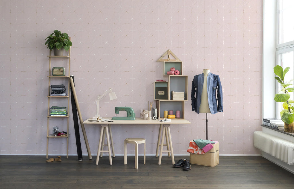 Perfect Fit Powder Pink, Pattern Wallpaper featured in an office space.