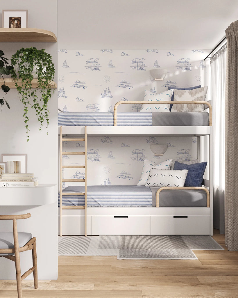 Coastal Beach Day Wallpaper in Kids Bedroom with Double Decker Bed