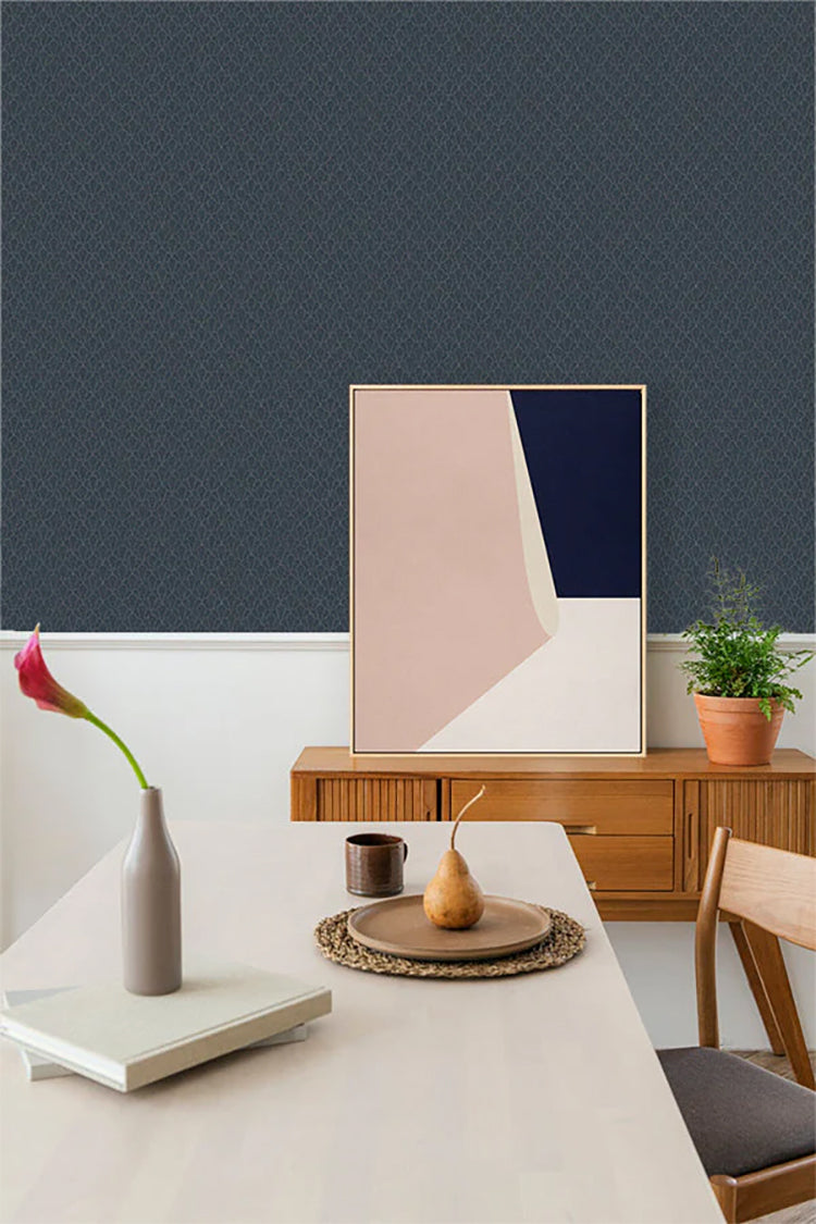 Sashi, Japanese Geometric Wallpaper in a dining room with table and shelf