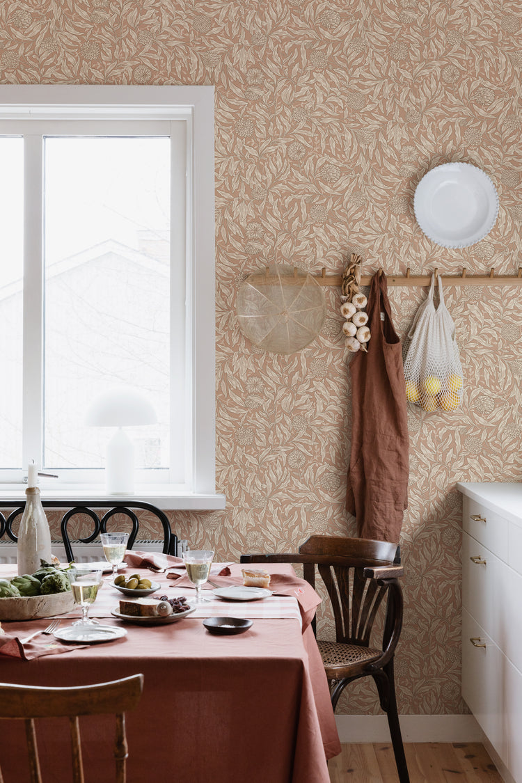 Olof, Floral Pattern Wallpaper in dining room with black and white chairs
